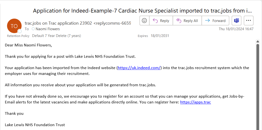 Email on application received